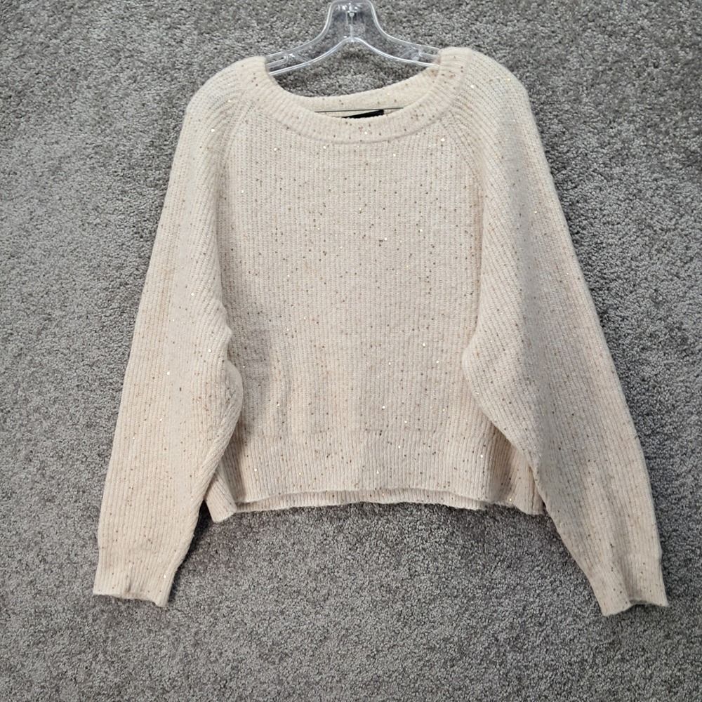 Express Womens Large Cream Ribbed Sequin Pullover Sweater Long Sleeve Raglan L
